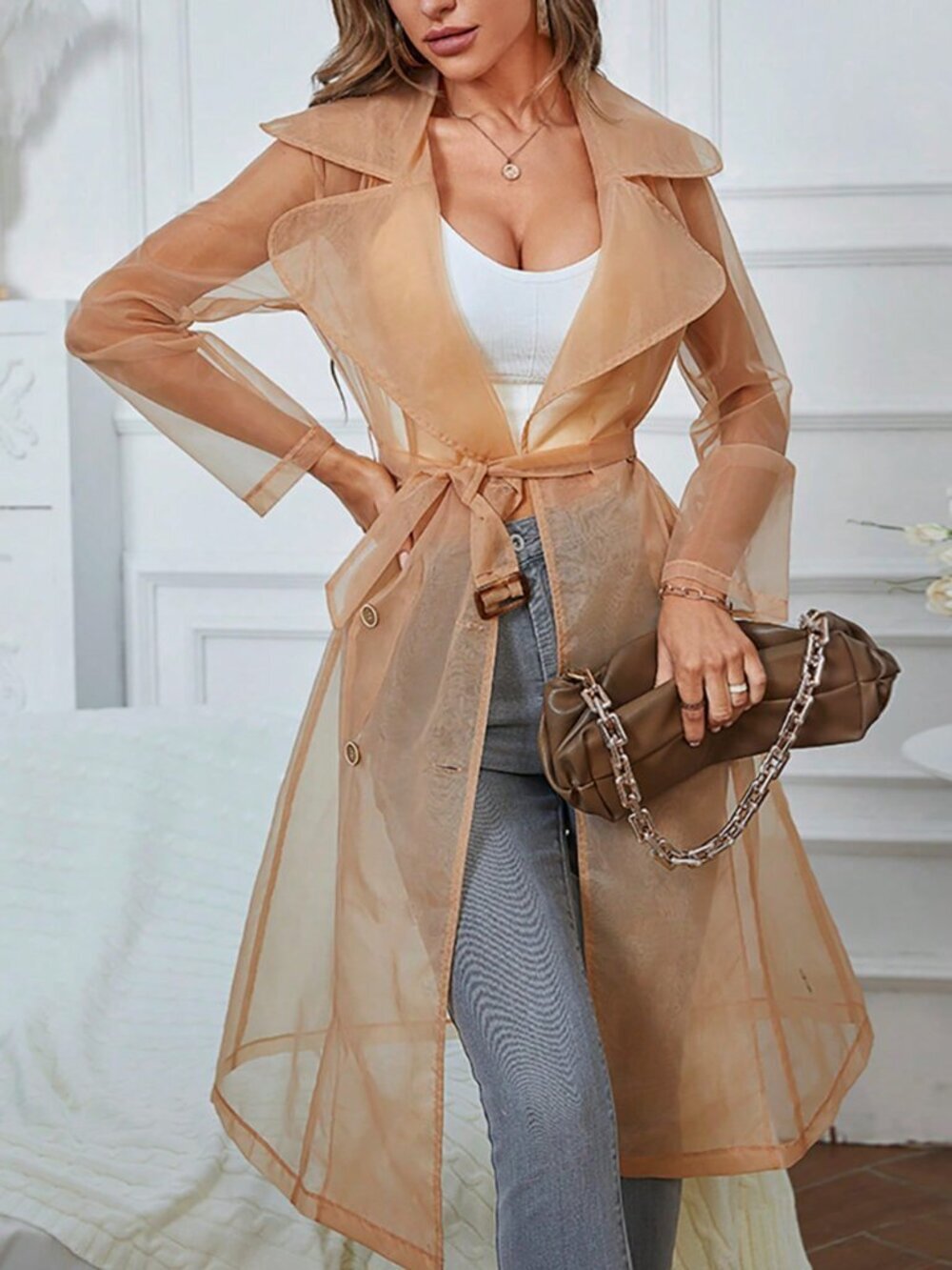 Apricot Casual Women's Sheer Mesh Long Transparent Tie-Front Windbreaker - Picture 3 of 5